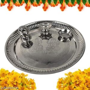 Pooja thali set with diya and bell placement
