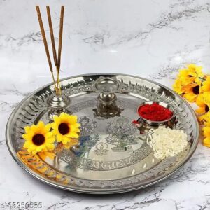 Stainless steel pooja aarti thali, top view